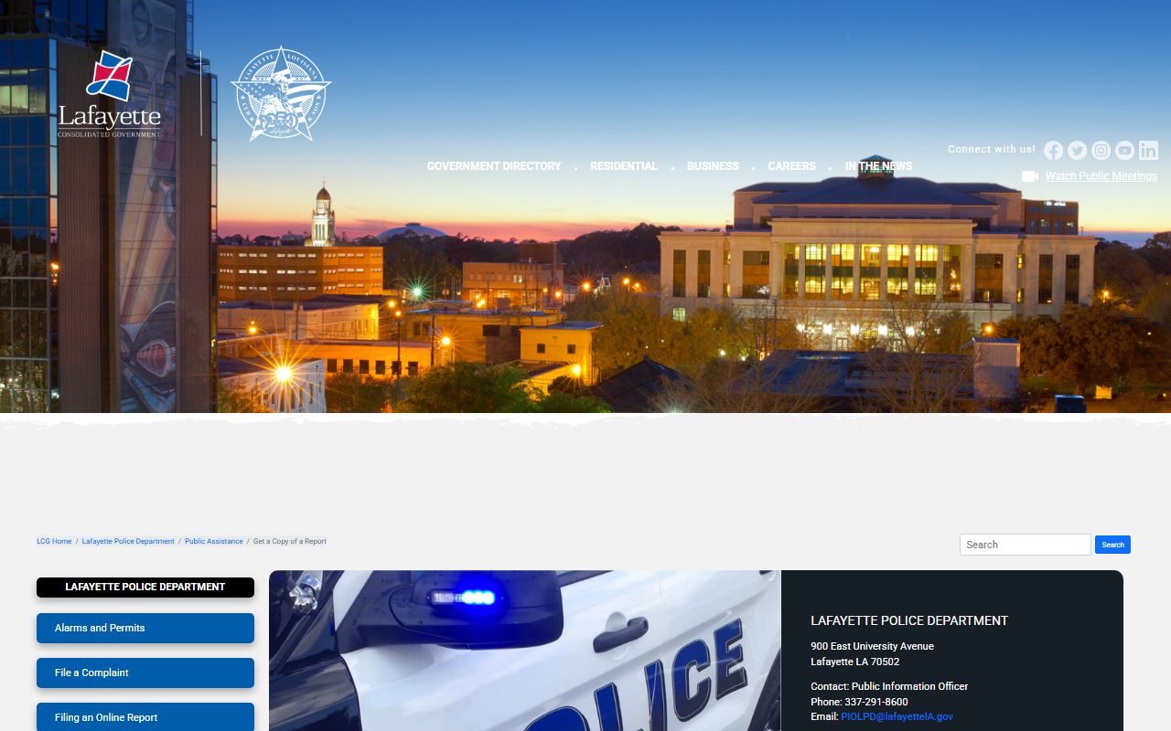 Lafayette Police Department report request page Lafayette arrest records