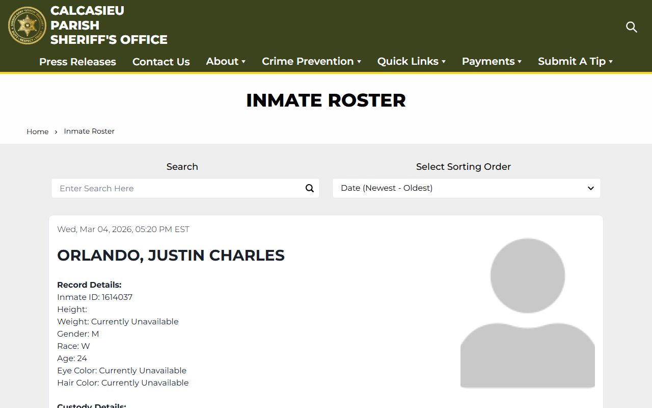 Calcasieu Parish Sheriff inmate roster Lake Charles arrest records