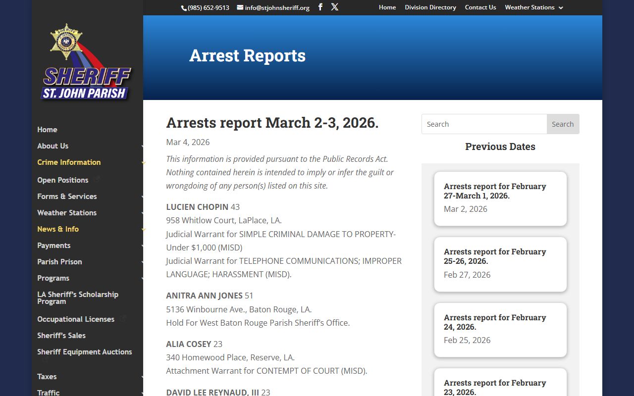 St. John Parish arrest reports LaPlace arrest records