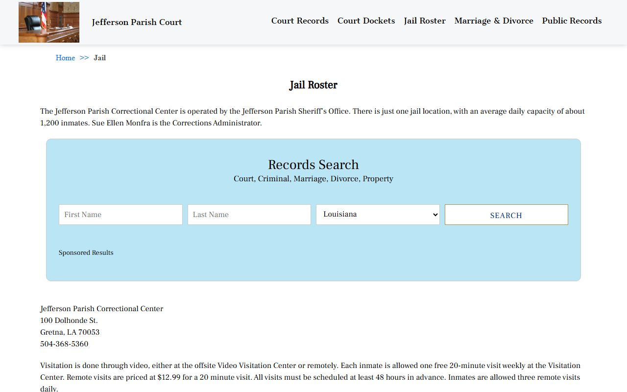Jefferson Parish jail roster Marrero arrest records