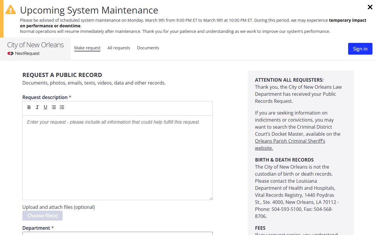 New Orleans city public records portal arrest records request