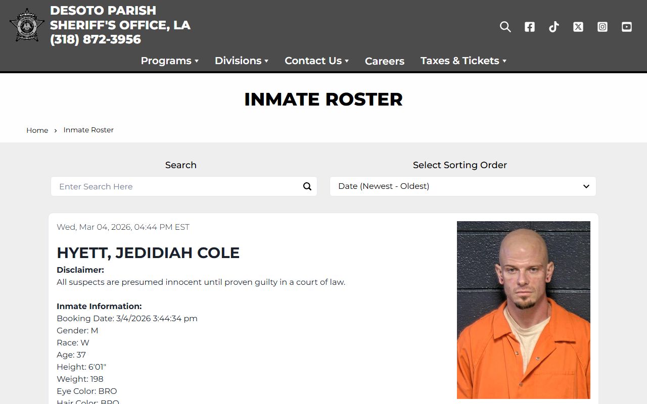 desoto parish sheriff inmate roster arrest records