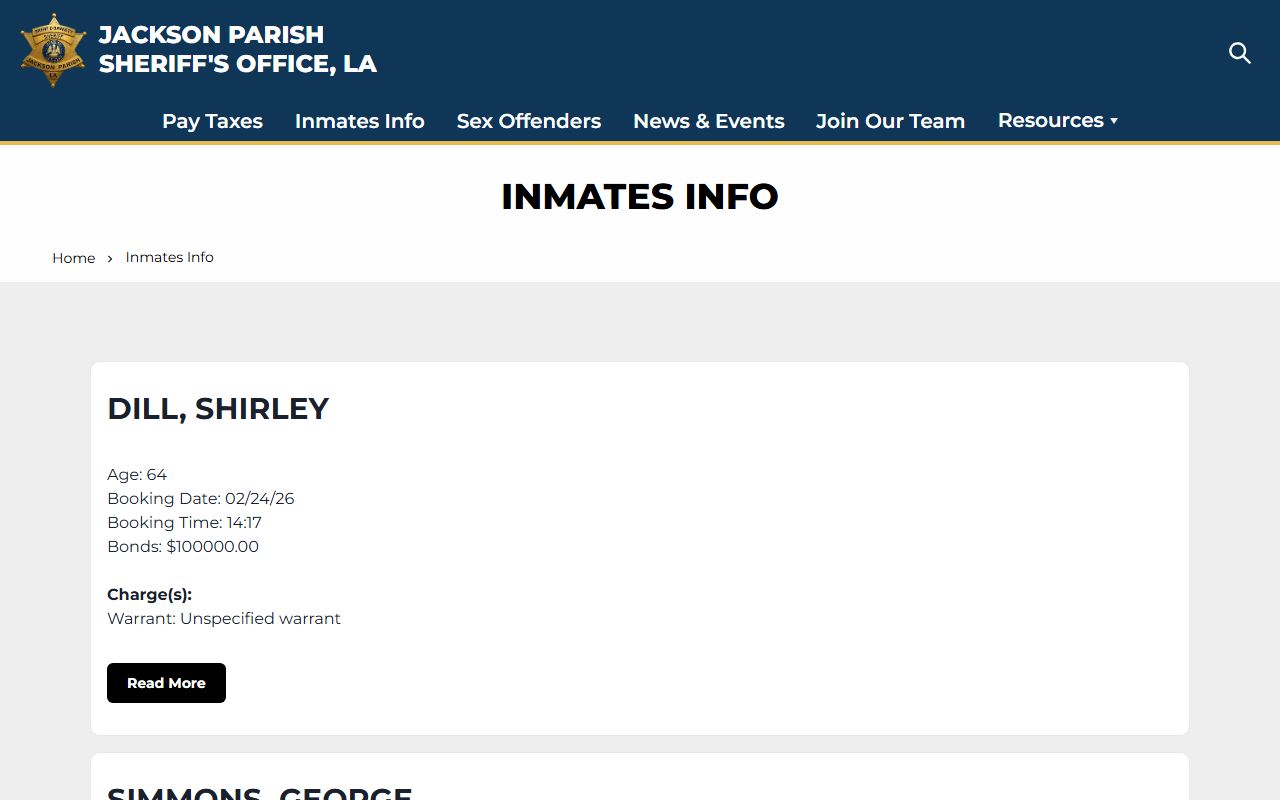 jackson parish sheriff inmates booking page arrest records