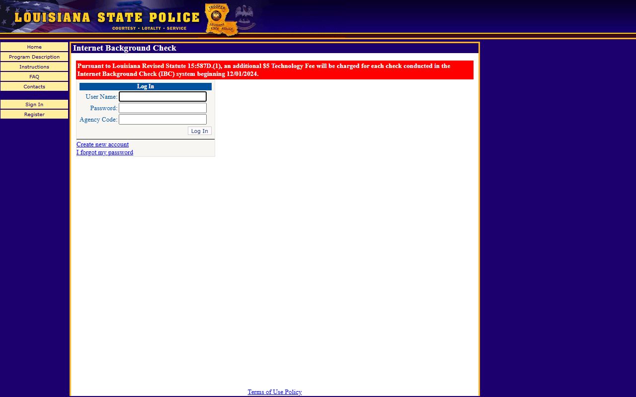 Louisiana Internet Background Check portal for authorized agency LACCH database access