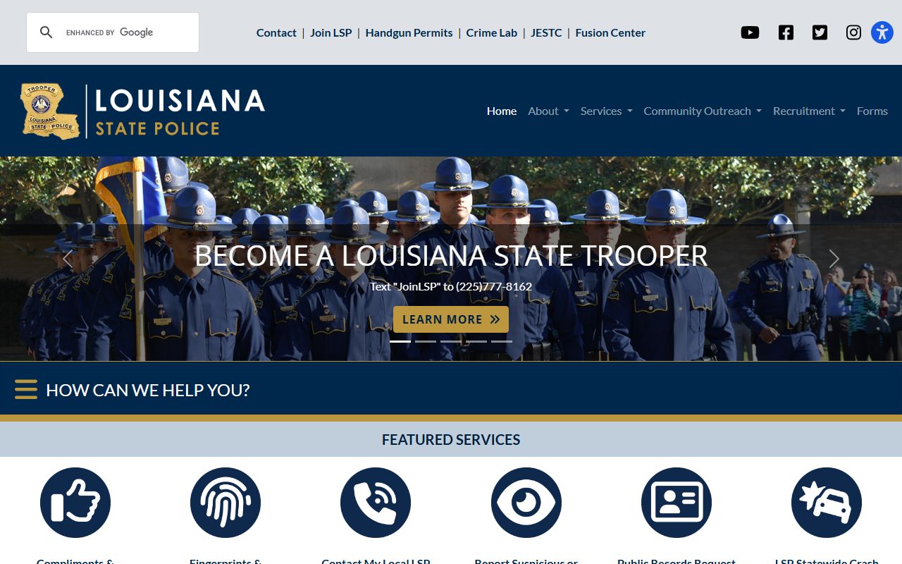 Louisiana State Police homepage showing arrest records and criminal history services