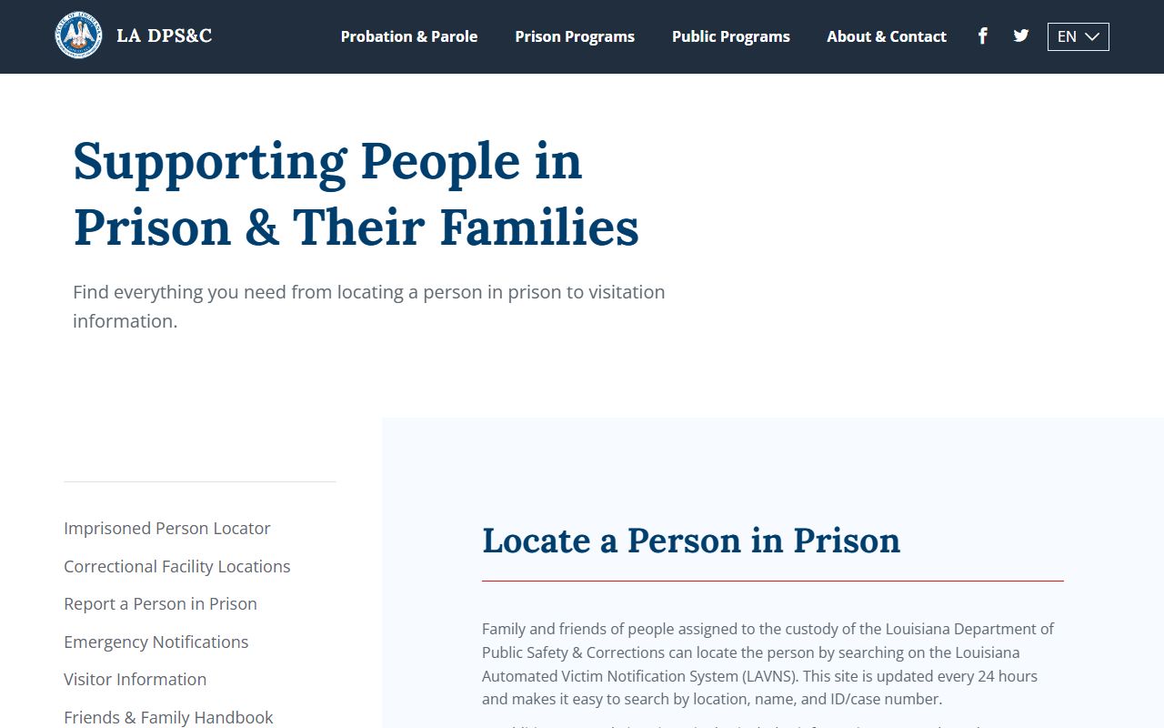 Louisiana DPS&C offender information and locator page for state-sentenced prison inmates